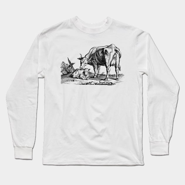 Cow with Calf Rustic Charm Scene Vintage Animal Illustration Long Sleeve T-Shirt by Biophilia